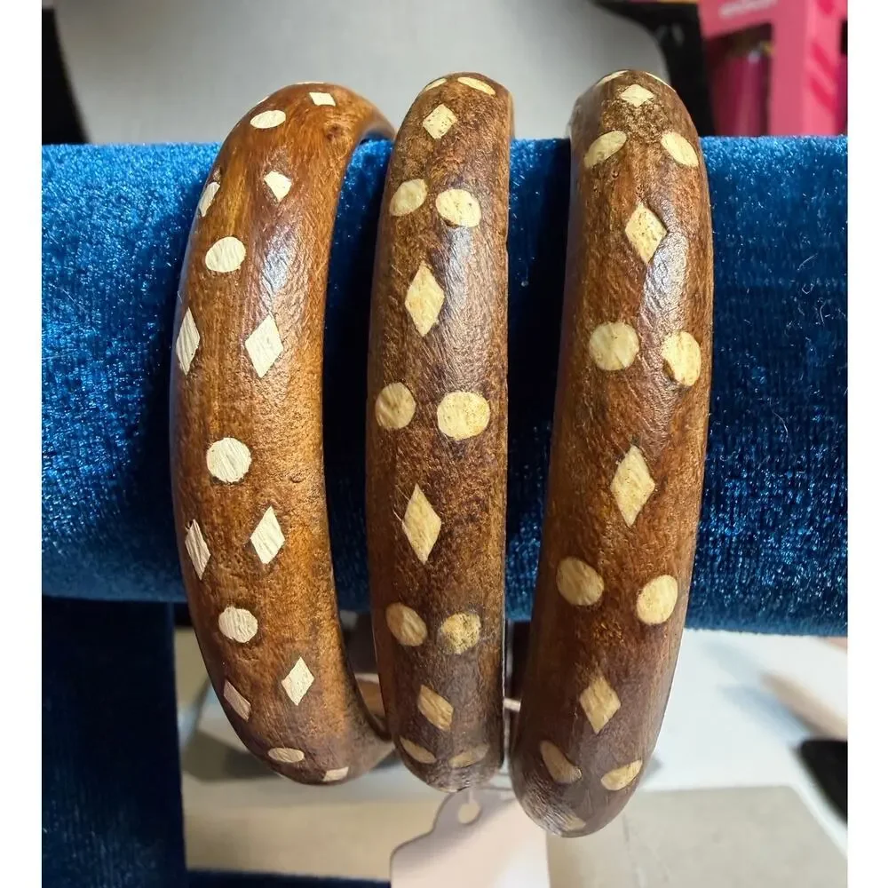 Waterproof Wooden Bangle Bracelet Set of 3 Brown w/ White Inlay 20cm